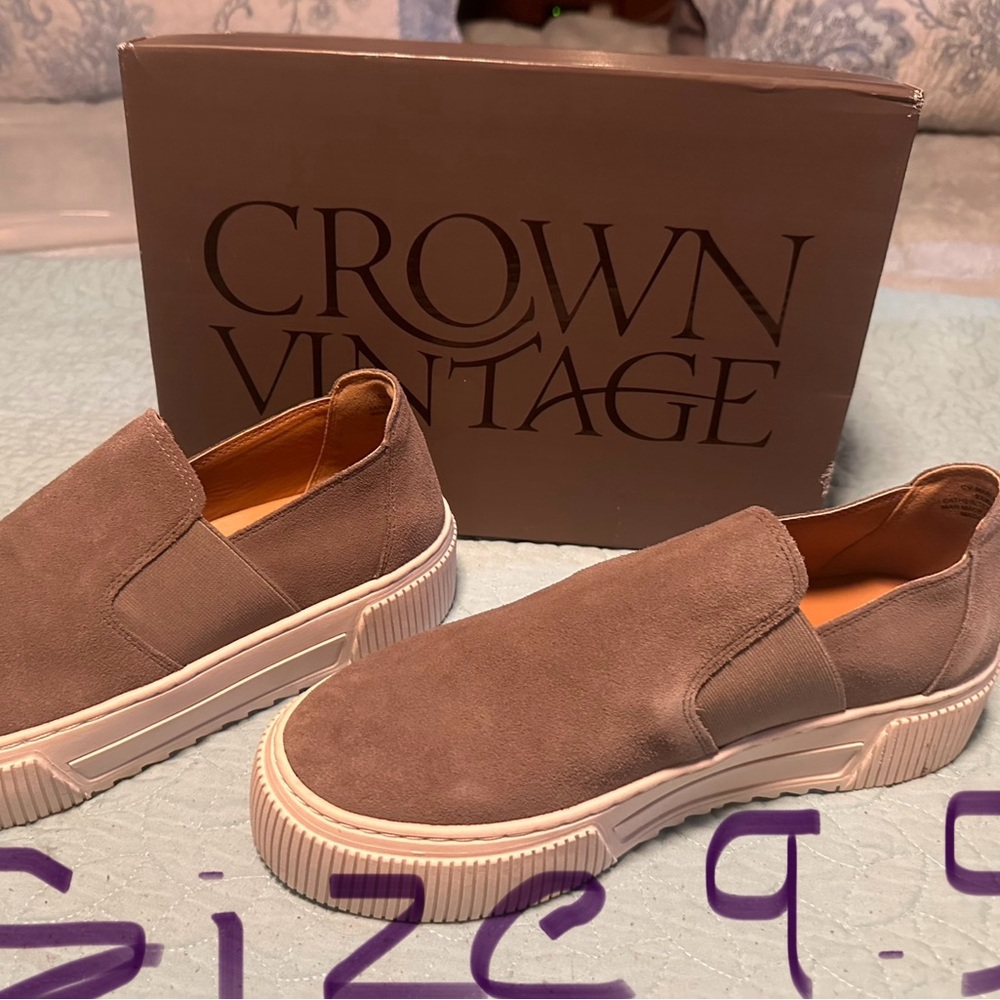 2 pairs Crown Vintage slip on sneakers. Black pair and grey pair. Size 9.5